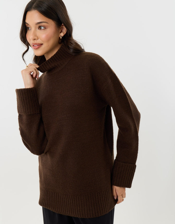 Relaxed Fit Funnel Neck Jumper in Chocolate Brown
