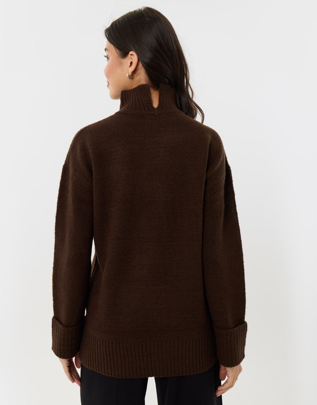 Relaxed Fit Funnel Neck Jumper in Chocolate Brown
