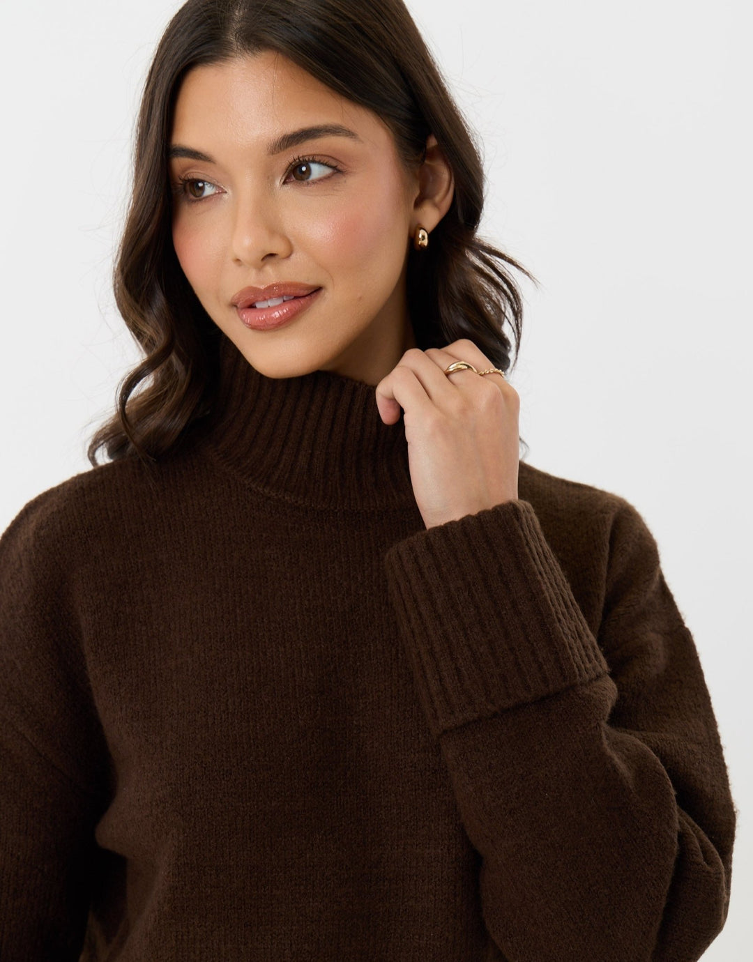 Relaxed Fit Funnel Neck Jumper in Chocolate Brown