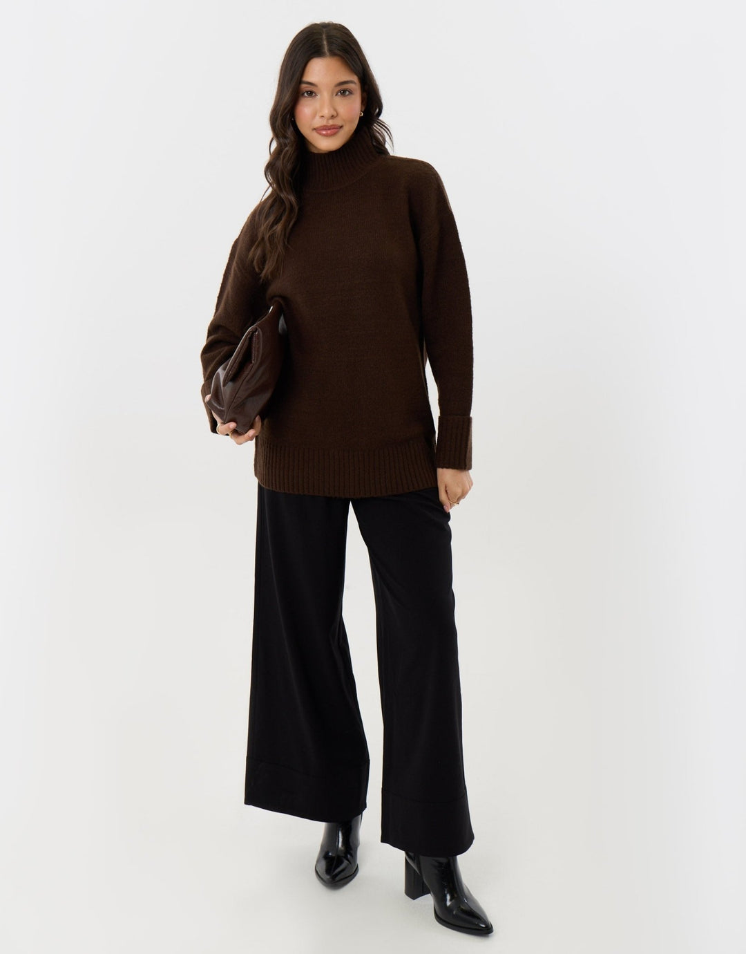 Relaxed Fit Funnel Neck Jumper in Chocolate Brown