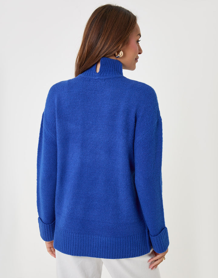 Threadbare Relaxed Fit Funnel Neck Jumper in Blue - back view