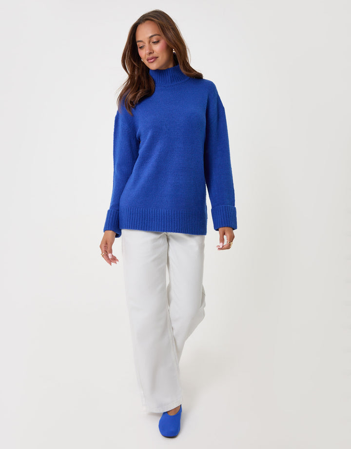 Threadbare Relaxed Fit Funnel Neck Jumper in Blue - full body