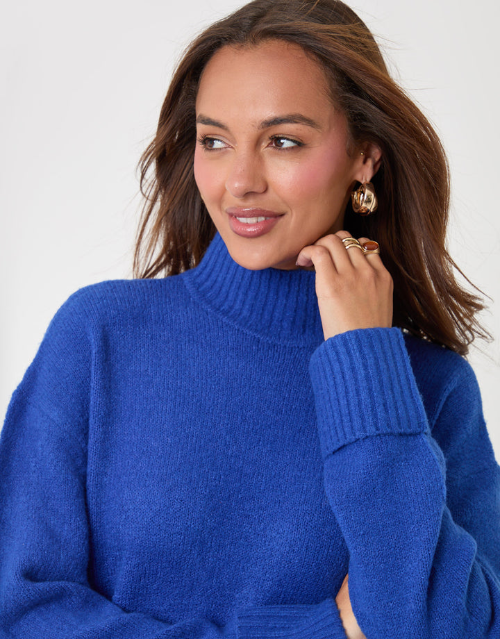 Threadbare Relaxed Fit Funnel Neck Jumper in Blue - close up