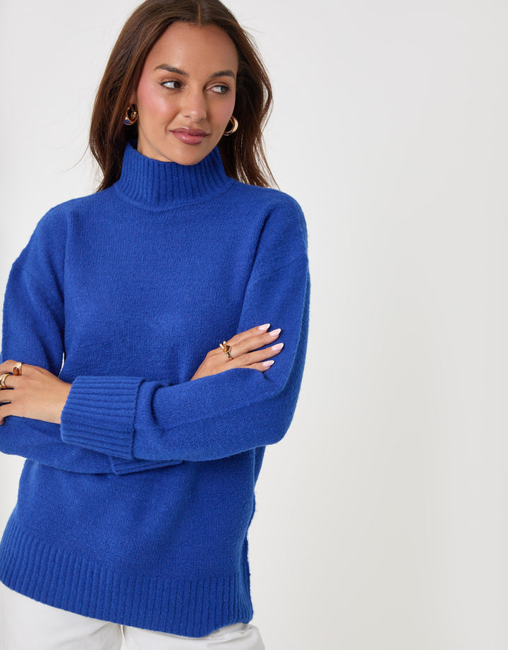 Threadbare Relaxed Fit Funnel Neck Jumper in Blue - detail