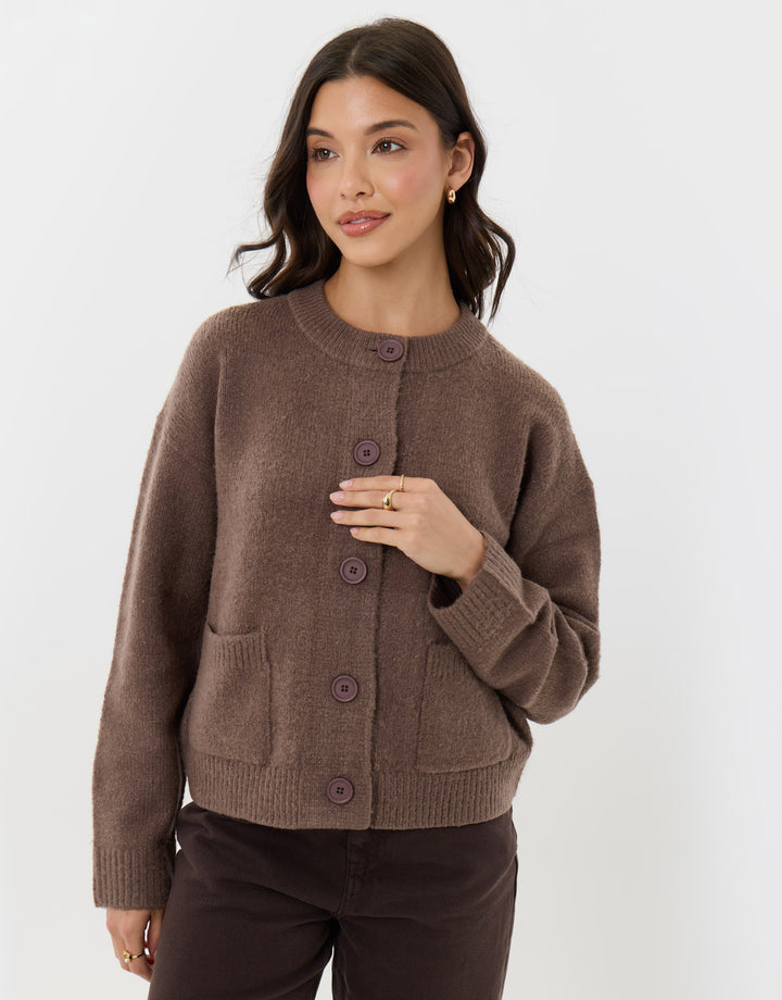 Pocket Detail Crew Neck Cardigan in Beige