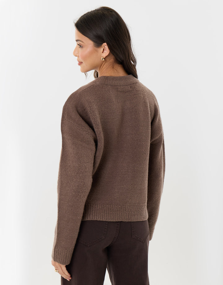 Pocket Detail Crew Neck Cardigan in Beige