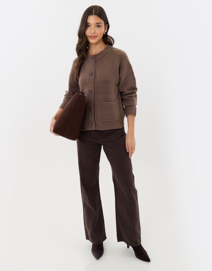 Pocket Detail Crew Neck Cardigan in Beige