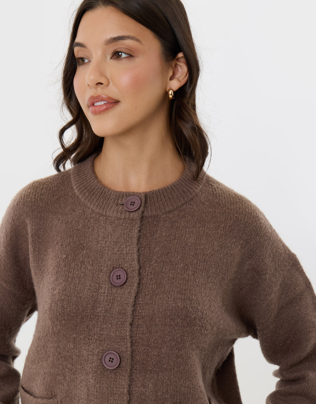 Pocket Detail Crew Neck Cardigan in Beige