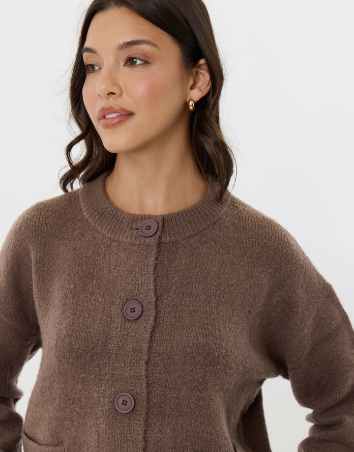 Pocket Detail Crew Neck Cardigan in Beige