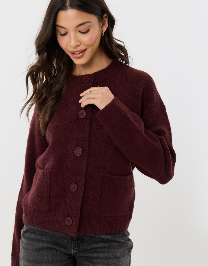Pocket Detail Crew Neck Cardigan in Purple
