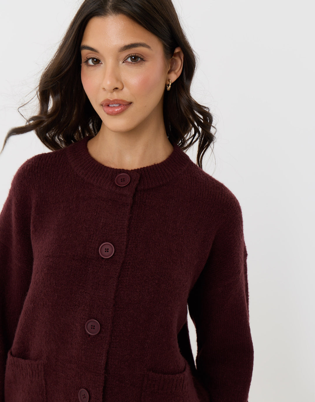Pocket Detail Crew Neck Cardigan in Purple
