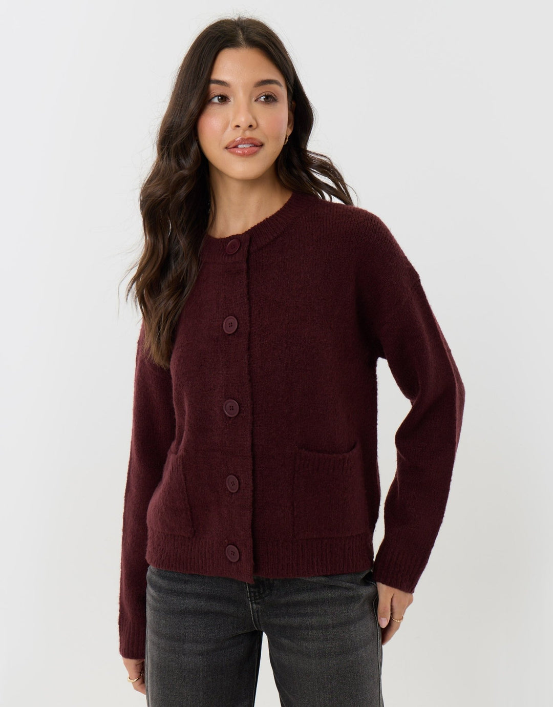 Pocket Detail Crew Neck Cardigan in Purple