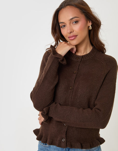 Threadbare Crew Neck Ruffle Cardigan in Chocolate Brown - front view close