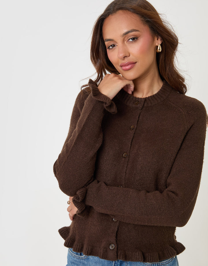 Threadbare Crew Neck Ruffle Cardigan in Chocolate Brown - front view close