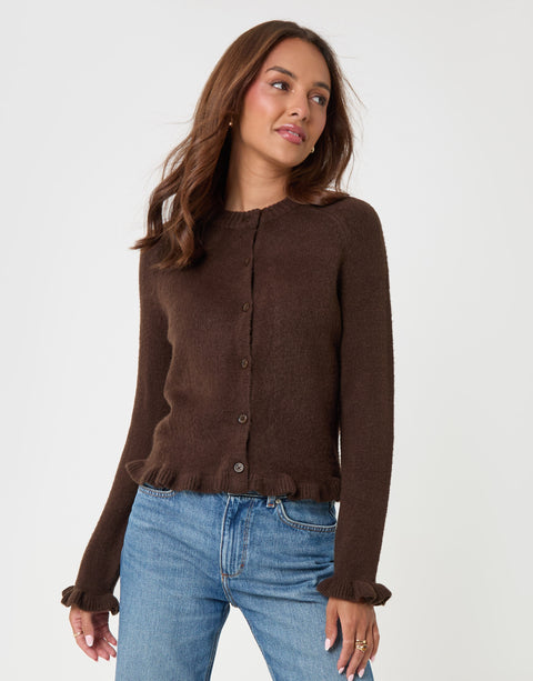 Threadbare Crew Neck Ruffle Cardigan in Chocolate Brown - front view