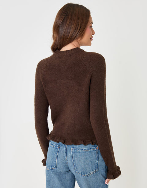 Threadbare Crew Neck Ruffle Cardigan in Chocolate Brown - back view