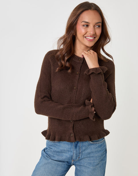 Threadbare Crew Neck Ruffle Cardigan in Chocolate Brown - full body