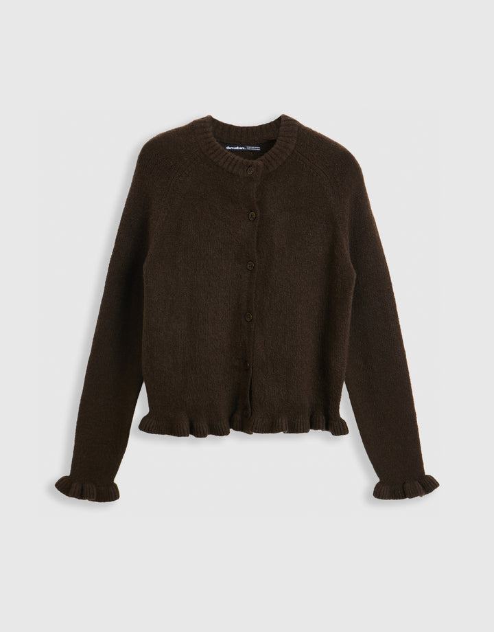 Crew Neck Ruffle Cardigan in Chocolate Brown