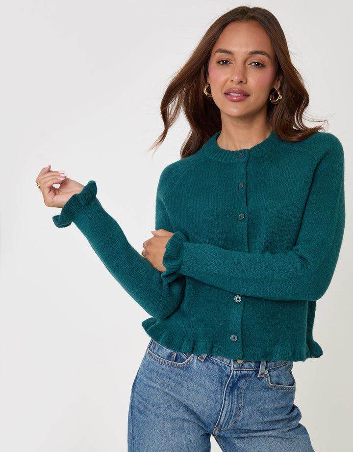 Threadbare Crew Neck Ruffle Cardigan in Teal - front view