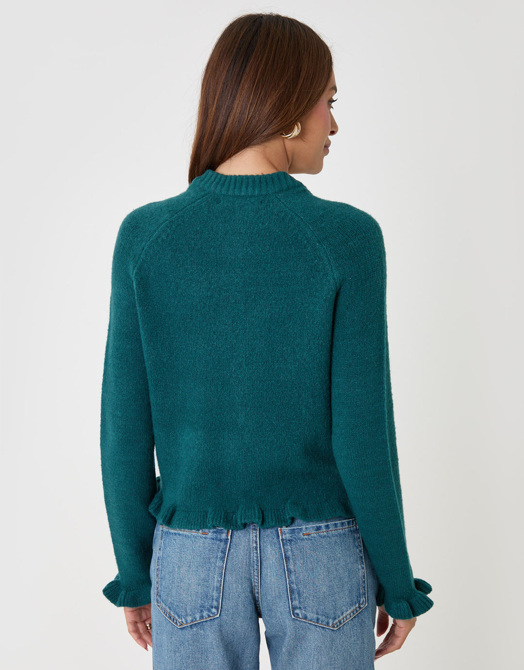 Threadbare Crew Neck Ruffle Cardigan in Teal - back view