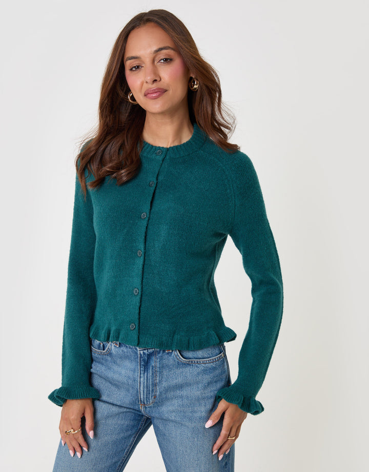 Threadbare Crew Neck Ruffle Cardigan in Teal - front