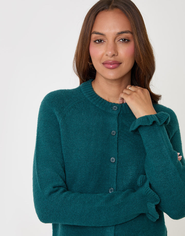 Threadbare Crew Neck Ruffle Cardigan in Teal - close up