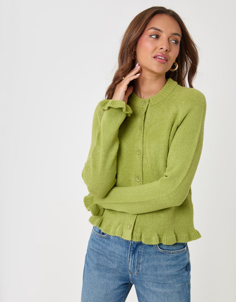 Threadbare Crew Neck Ruffle Cardigan in Green - front view