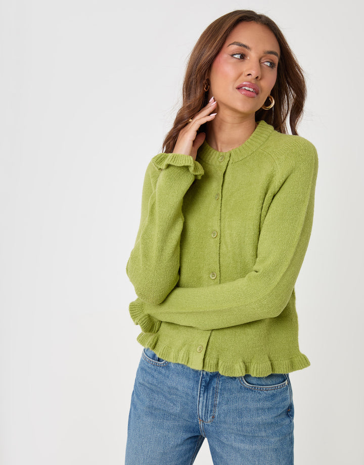 Threadbare Crew Neck Ruffle Cardigan in Green - front view