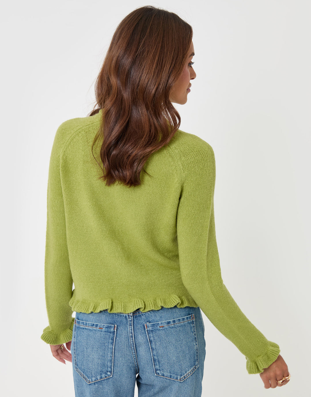 Threadbare Crew Neck Ruffle Cardigan in Green - back view