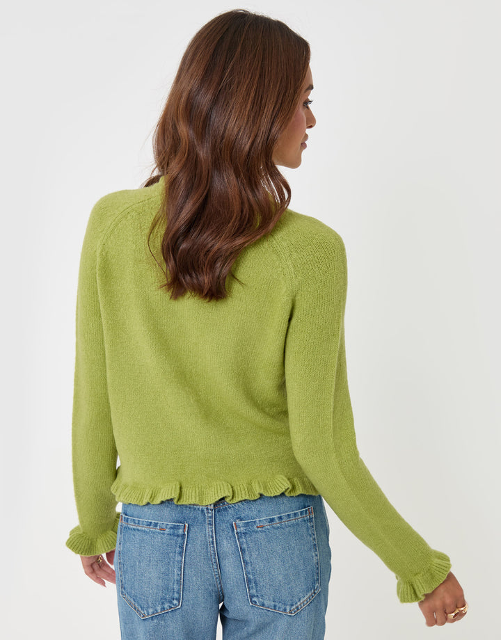 Threadbare Crew Neck Ruffle Cardigan in Green - back view