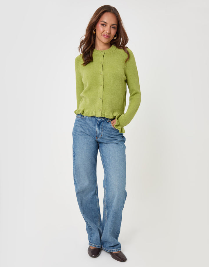 Threadbare Crew Neck Ruffle Cardigan in Green - full body