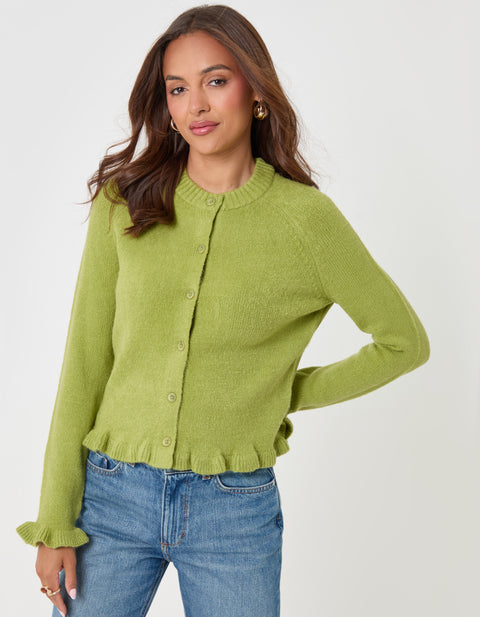 Threadbare Crew Neck Ruffle Cardigan in Green - front