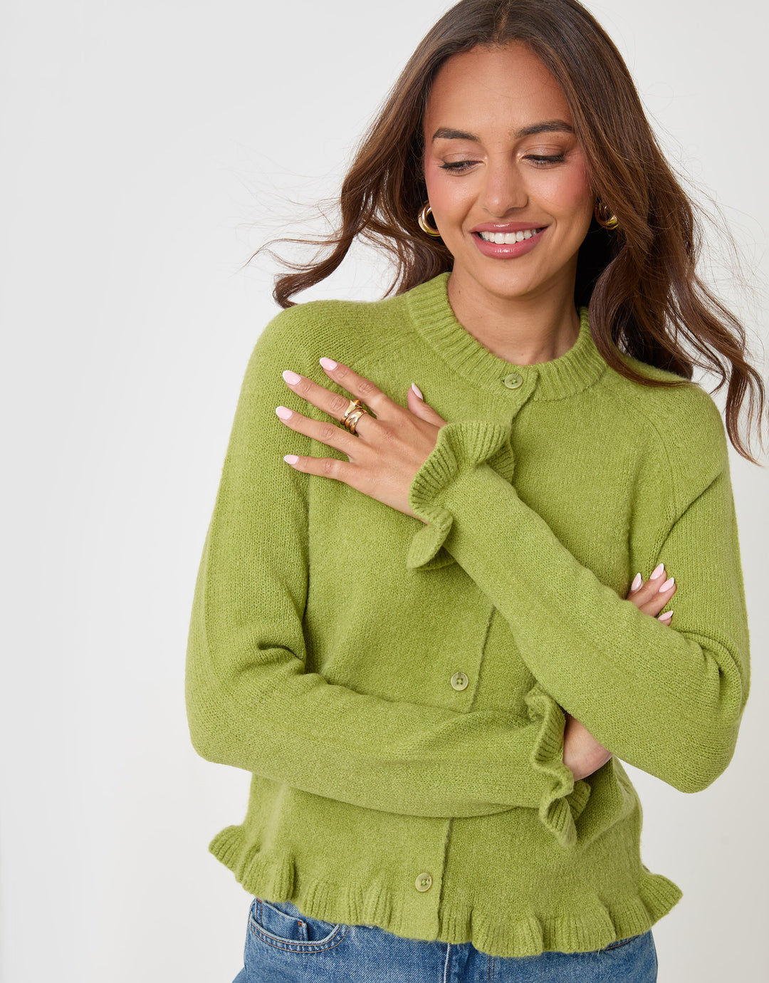 Threadbare Crew Neck Ruffle Cardigan in Green - front detail