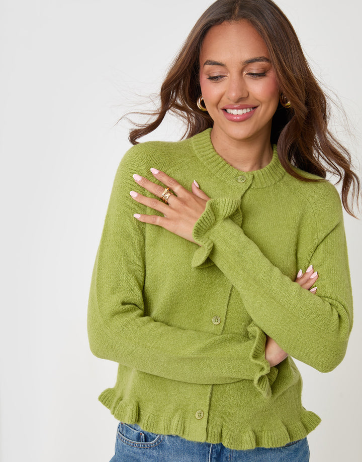 Threadbare Crew Neck Ruffle Cardigan in Green - front detail