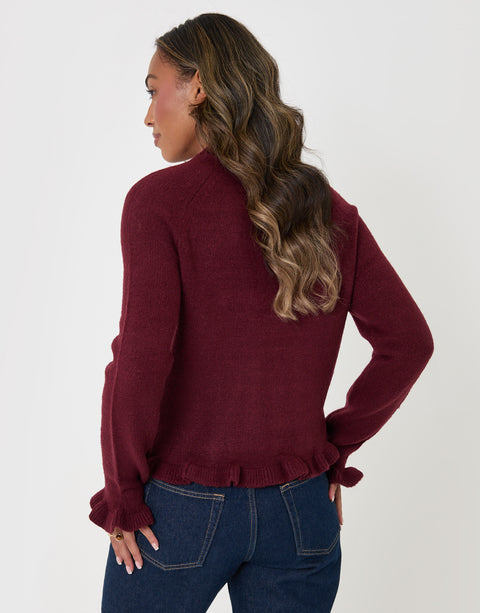 Threadbare Crew Neck Ruffle Cardigan in Burgundy - back view