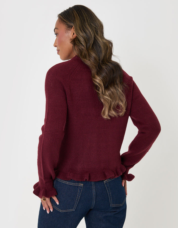 Threadbare Crew Neck Ruffle Cardigan in Burgundy - back view