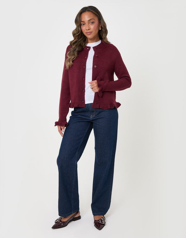 Threadbare Crew Neck Ruffle Cardigan in Burgundy - full body
