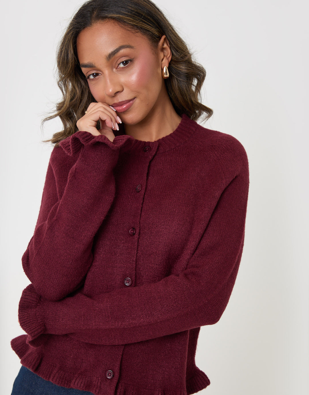 Threadbare Crew Neck Ruffle Cardigan in Burgundy - close up