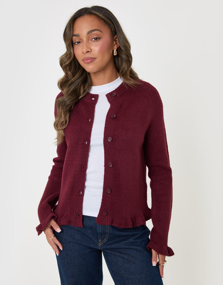 Threadbare Crew Neck Ruffle Cardigan in Burgundy - front view unbottoned