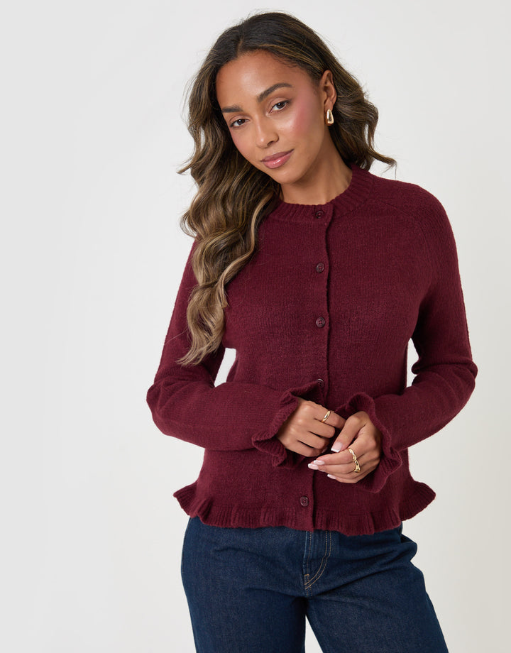 Threadbare Crew Neck Ruffle Cardigan in Burgundy - front view