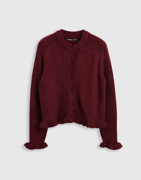 Threadbare Crew Neck Ruffle Cardigan in Burgundy - mannequin image