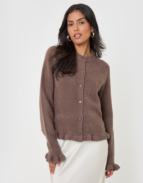 Threadbare Crew Neck Ruffle Cardigan in Mocha Brown - front view