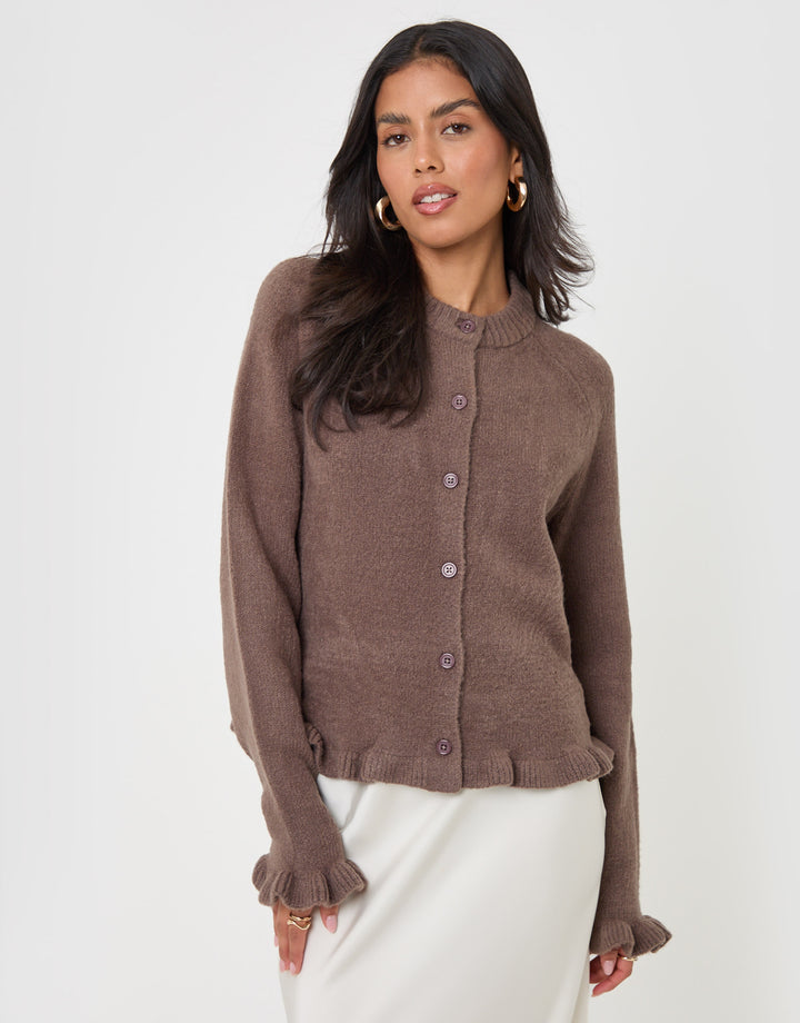 Threadbare Crew Neck Ruffle Cardigan in Mocha Brown - front view