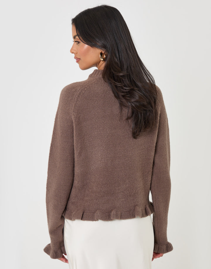 Threadbare Crew Neck Ruffle Cardigan in Mocha Brown - back view