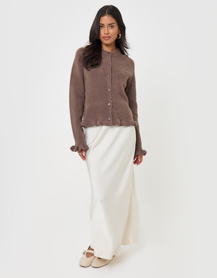 Threadbare Crew Neck Ruffle Cardigan in Mocha Brown - full body