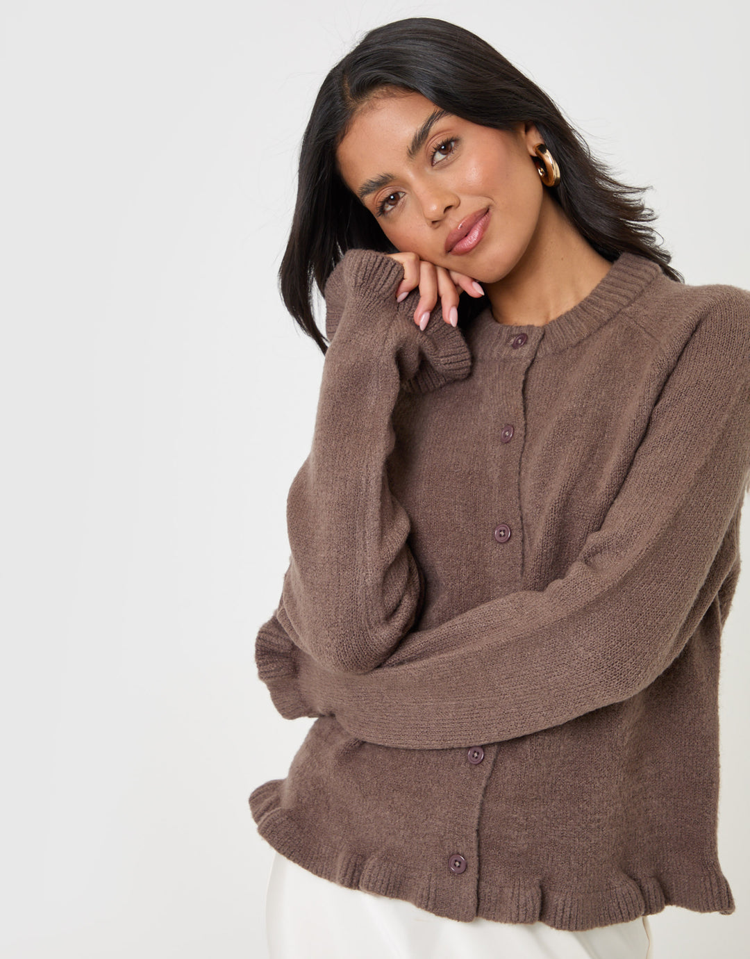Threadbare Crew Neck Ruffle Cardigan in Mocha Brown - close up