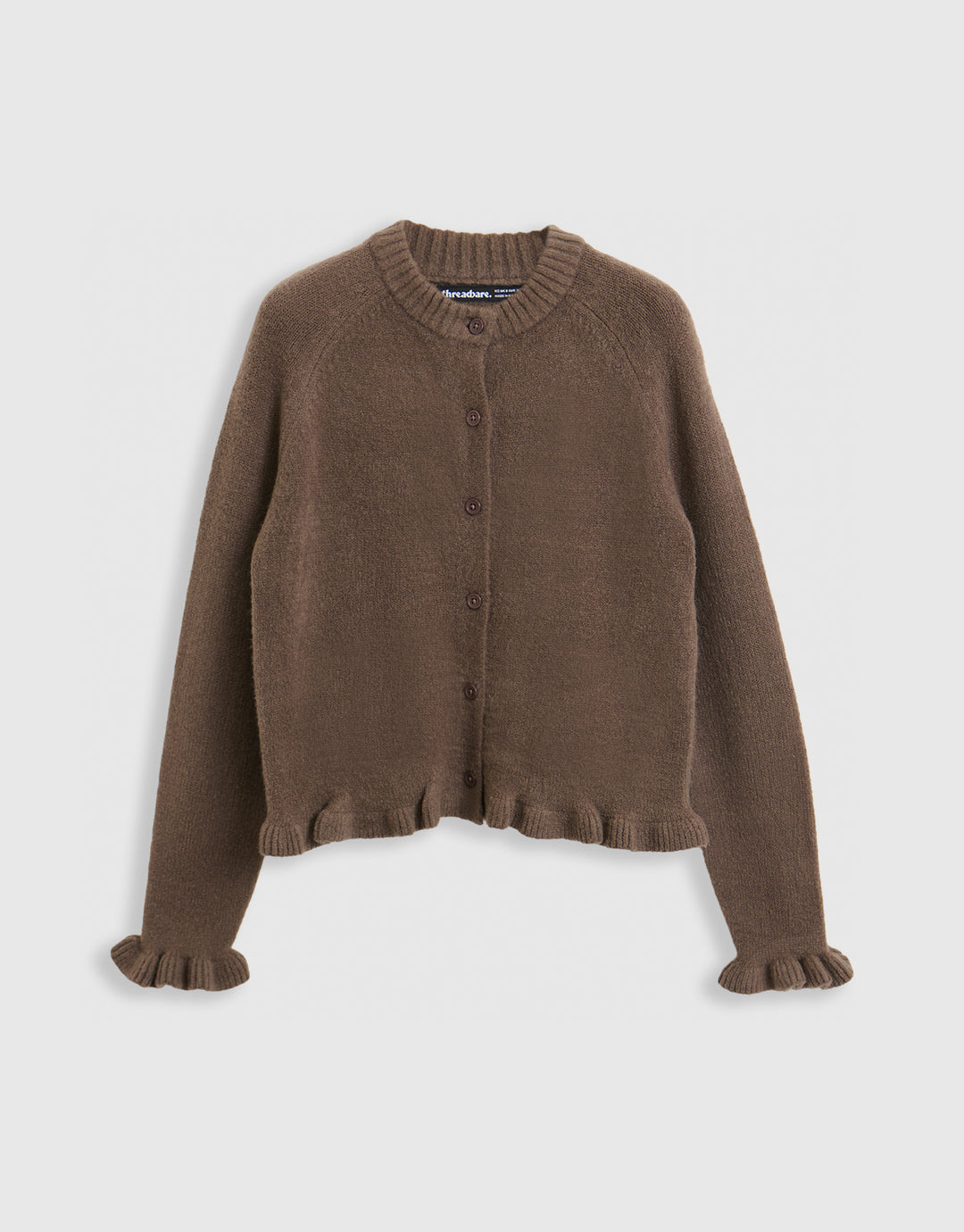 Crew Neck Ruffle Cardigan in Mocha Brown