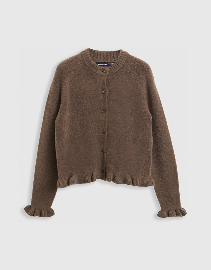 Crew Neck Ruffle Cardigan in Mocha Brown