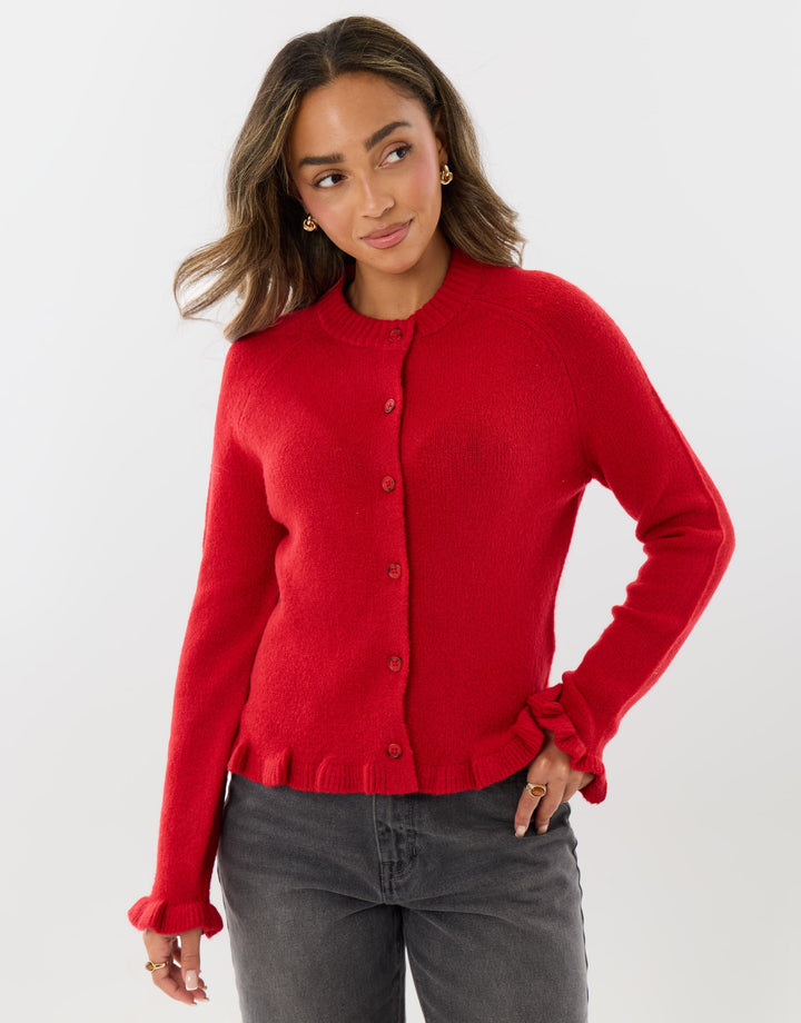 Crew Neck Ruffle Cardigan in Red