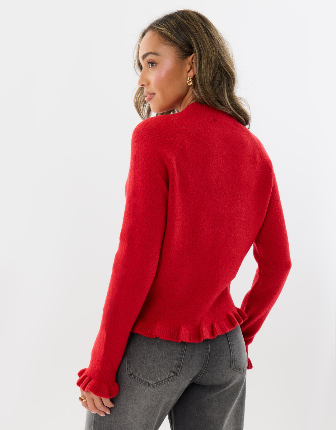 Crew Neck Ruffle Cardigan in Red